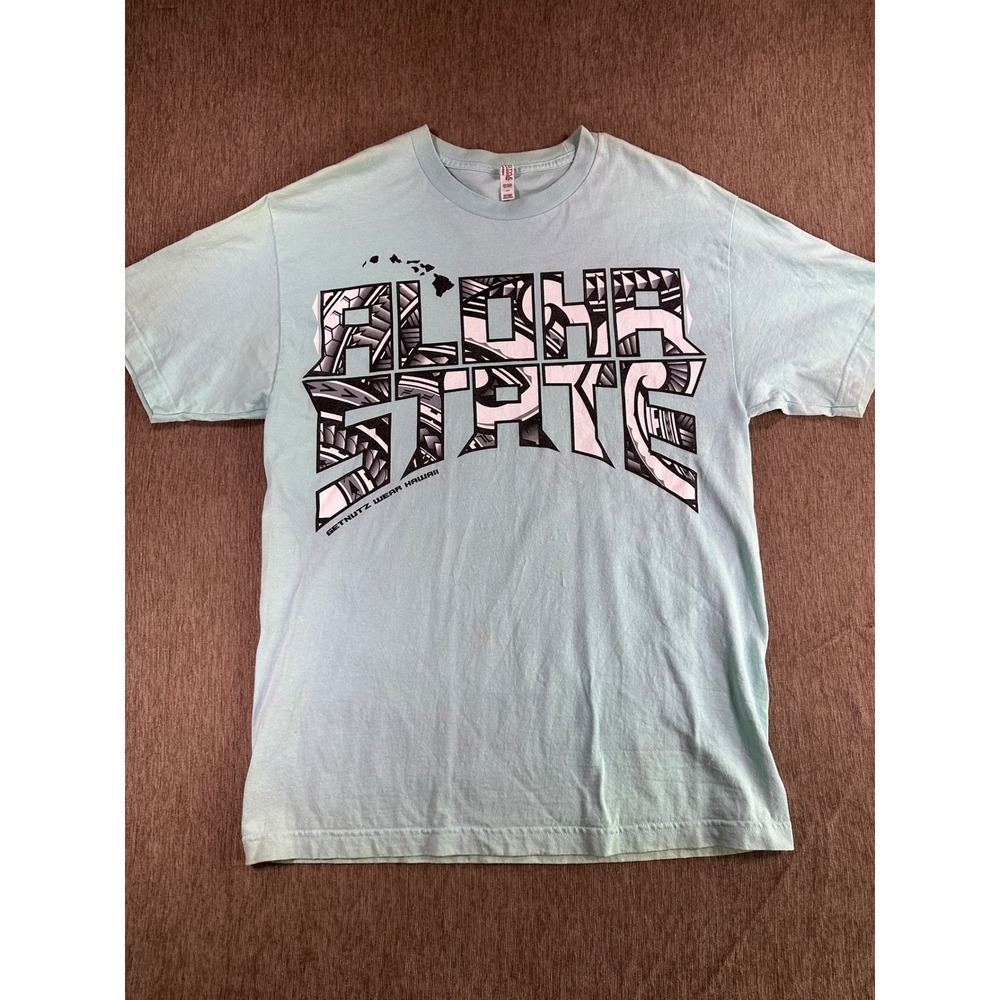 Getnutz Wear Hawaii Aloha State Graphic T-Shirt Blue LG Tribal Surf Tee